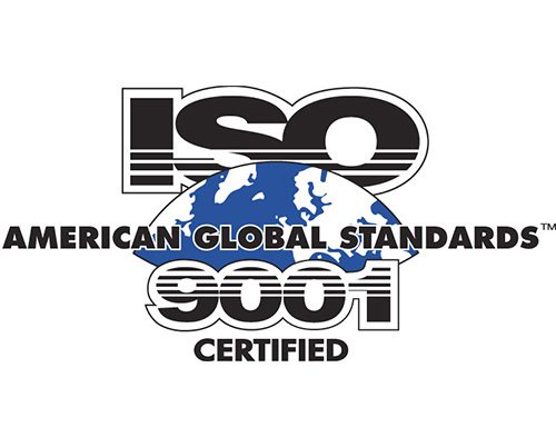 ISO 9001 certified logo, indicating adherence to international quality management standards. Relevant for showcasing organizational quality assurance.
