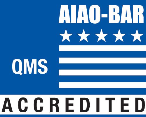 AIAO-BAR accreditation logo featuring five stars, stripes, and the text "QMS ACCREDITED." Represents quality management system certification.